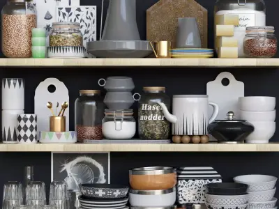 Set-197 kitchen items on shelf 3D model