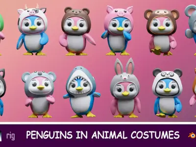 Cartoon penguins in animal costumes Low-poly 3D model