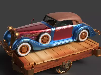 Chinese Display Stand with Antique Car Figure  Low-poly 3D model