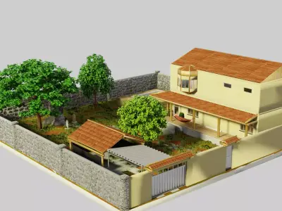 Simple house with a yard Low-poly 3D model