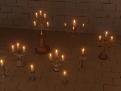 Collection of 9 Low Poly Medieval Fantasy Candlesticks Low-poly 3D model