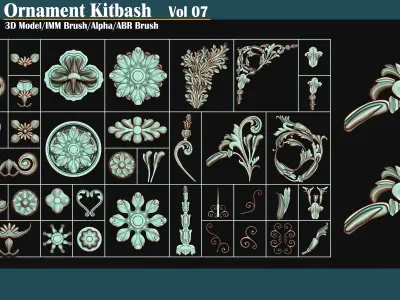 105 Ornament Kitbash brushes 3D Model- IMM- Alpha- Blend VOL07 Low-poly 3D model