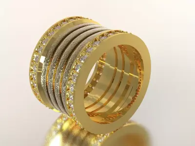 Wide Multi Band Ring with Diamond and Textured Layers rr0058 3D print model