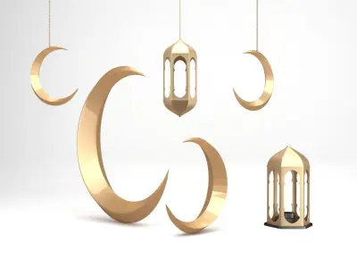 Ramadan Set golden cannon and crescent moon 3D model