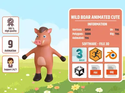 High-Quality 3D Cute Wild Boar - Animated for Games  Low-poly 3D model