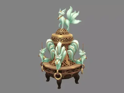 Cartoon censer and jade fox spirit Low-poly 3D model
