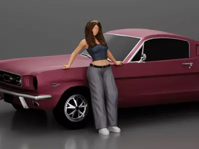 lowrider chola girl leaning against the car in long hair 3D print model