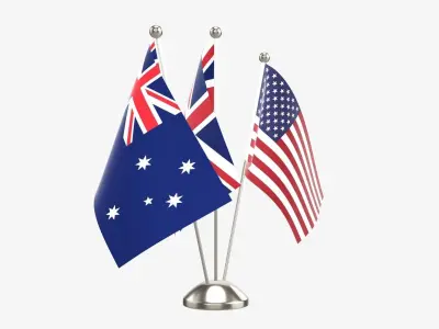 Desk decorative flag on triple flagpole 3D model