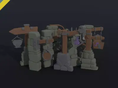 Cartoon fantasy road signs Polygonal Style 3D Model Collection