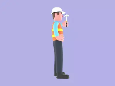 3D Cartoon Male Architect Character - Angry with Raised Hammer 3D model