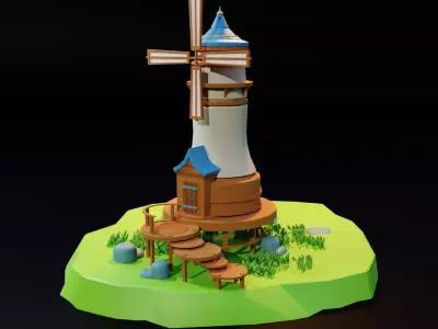 Lowpoly Mill windmill on island Low-poly 3D model