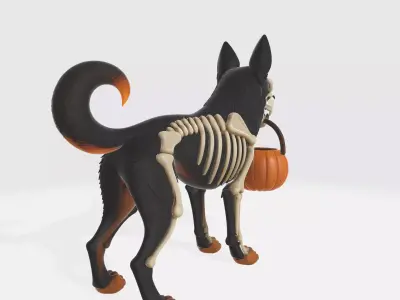 Halloween Skeleton Dog with Pumpkin Bucket Spooky Figurine 3D print model