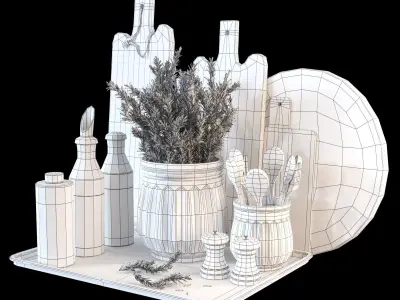 Kitchen decoration set with rosemary and cutting boards 3D model