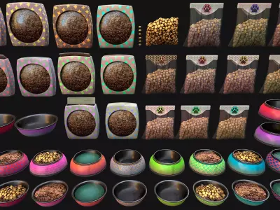 Food Water in a Bowl Dog Cat Pet Pack Flakes Treats Low-poly 3D model