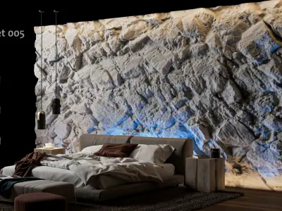 Black Rock Bedroom interior scene Rock Wall Set 005 3D model