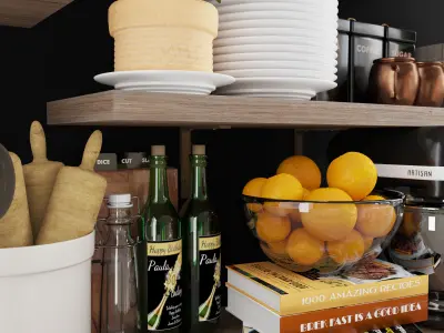 Kitchen accessories on wood shelves 3D model