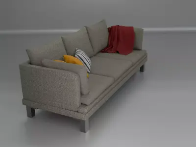 Modern Grey Fabric Sofa with Throw Pillows and Blanket Free 3D model