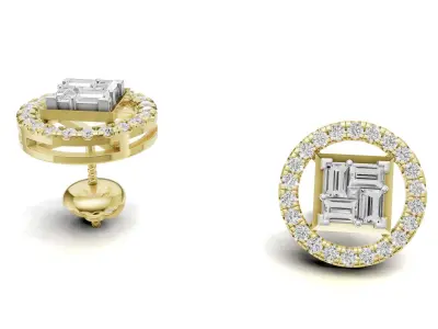 Baguette Cluster And Round Diamond Unique Stud 3D print model