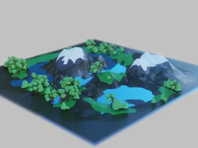 Low Poly Mountains island with trees and lake Free low-poly 3D model