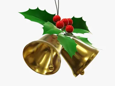 Christmas golden bells with holly berries 3D model
