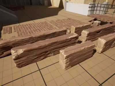 Wooden beams planks floor and balcony pack Low-poly 3D model