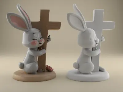 Easter Cute Bunny Hugging a Cross playful symbolic 4 3D print model