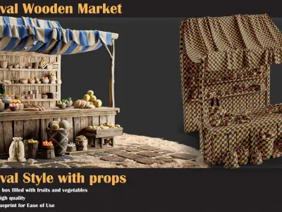 Medieval Wooden Market Pack  Set 3 With Props 3D model