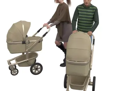 Parents Baby Stroller Low-poly 3D model