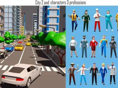 City 2 and cartoon character 3 professions 3D Model Pack