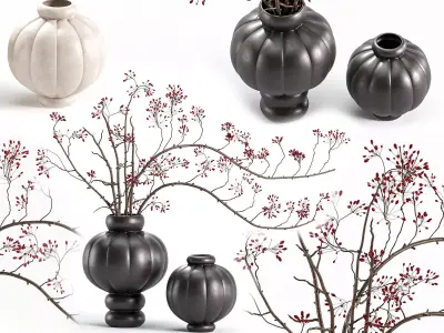 Red Berry Branches in LOUISE ROE Balloon Vases 3D model