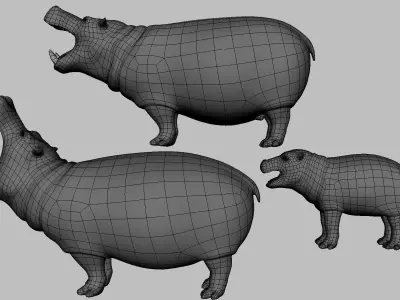 Hippopotamus Family Low-poly 3D model