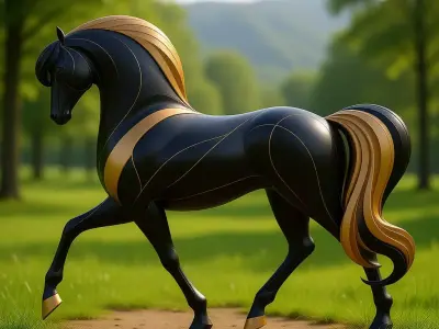 Elegant Black Gold Horse Dynamic Striped Sculpture Low-poly 3D model