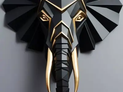 Geometric Elephant Head 3D Model Black Gold Facets Wall Art Low-poly 3D model