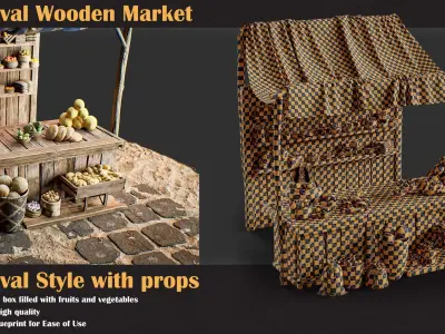 Medieval Wooden Market Pack  Set 3 With Props 3D model