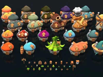 Mushroom House Pack Low-poly 3D model