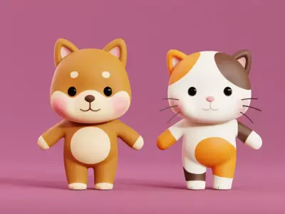 Cartoon Cat and Dog Shiba Chibi Kawaii Characters  Animals Pack  Low-poly 3D model