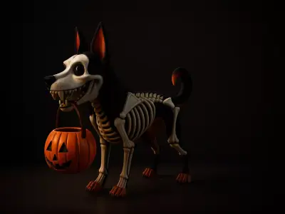 Halloween Skeleton Dog with Pumpkin Bucket Spooky Figurine 3D print model
