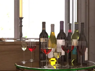 6 Wine Bottles and 6 Wine Glasses 3D model