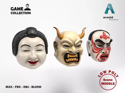 Japanese masks Low-poly 3D model