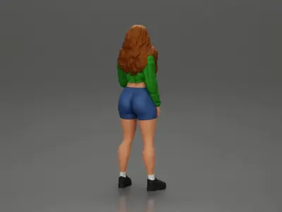 sporty happy girl standing in mini jacket short with long hair 3D print model