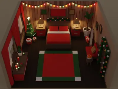 Low Poly Modular Simple Christmas Interior Pack Bedroom Low-poly 3D model