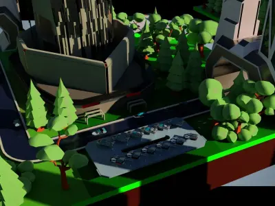 10 Stylized Futuristic City Block Areas plus flying cars 3D model