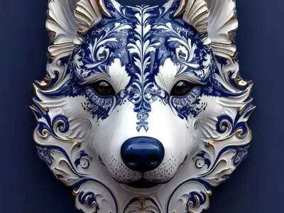 Blue and White Wolf Mask 3D Ornate Ceramic Animal Art Low-poly 3D model