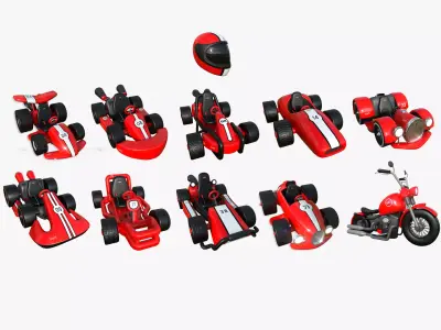 10 Cartoon Karts Red Collection - Vehicle Racing Design 3D Model Pack