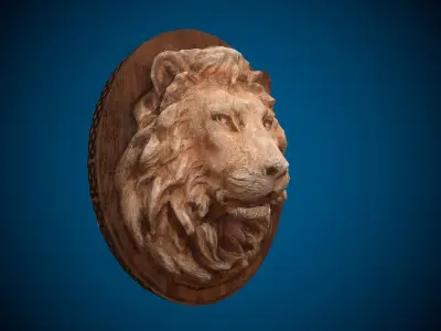Lion Head -Wooden Relief Low-poly 3D model