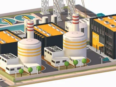 Isometric power station representing nuclear Low-poly 3D model