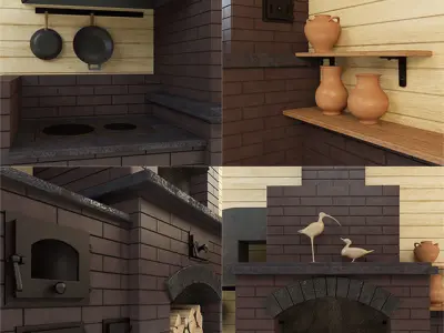 barbecue brick oven with pots and pans 3D model