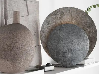 Decorative set 8 vases and sculptures on shelf 3D model