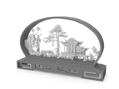 Vintage Asian Carved Cork Diorama Shadow Box  3D model