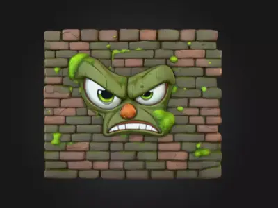 Grumpy Brick Guardian Wall Low-poly 3D model